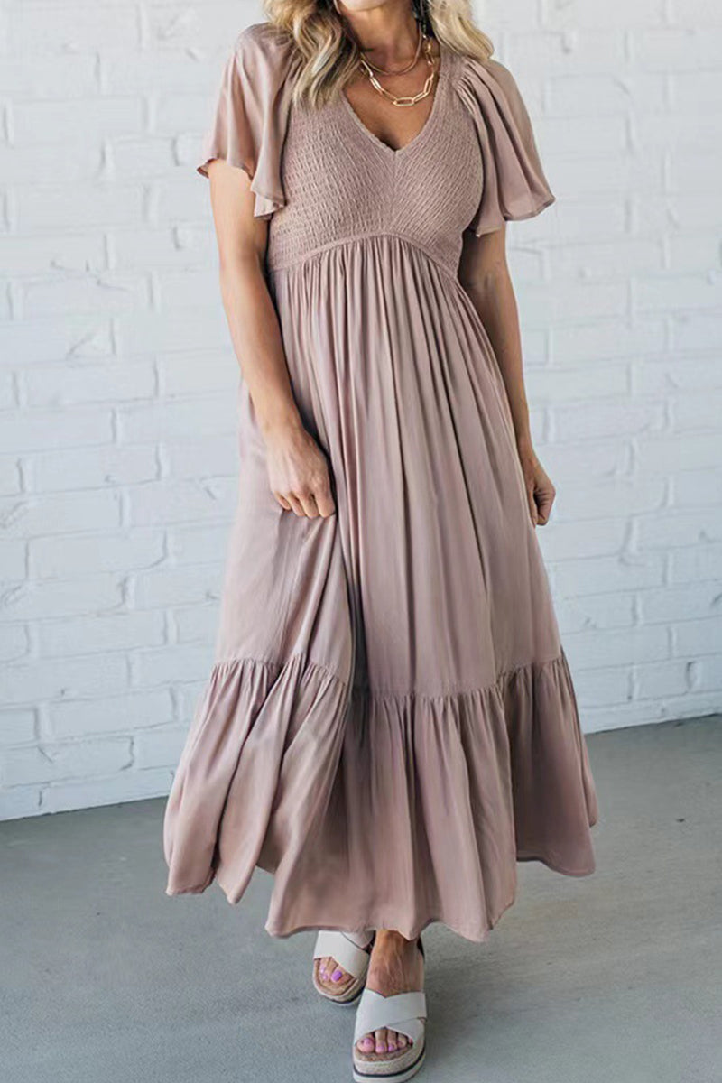 LP | Elegant plain dress with ruffle, V-neck and short sleeves (4 colors)