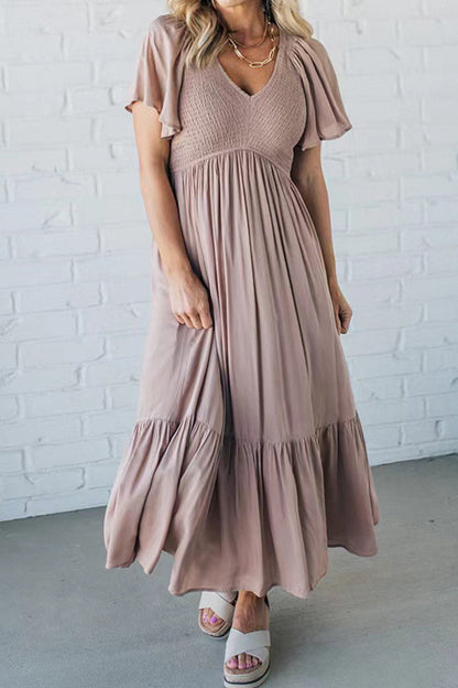 LP | Elegant plain dress with ruffle, V-neck and short sleeves (4 colors)