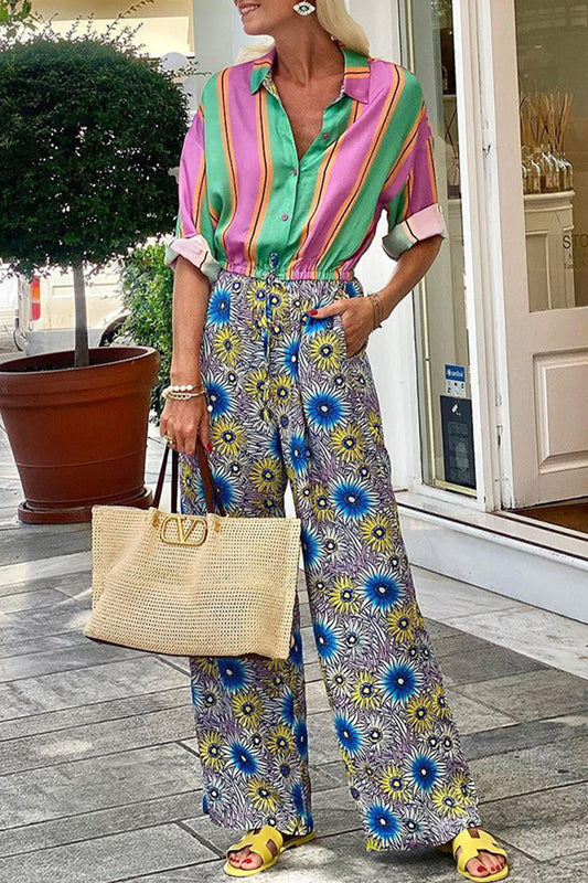 LD Casual Street Striped Print Floral Pocket Side Up Buttons Lap Collar Loose Jumpsuits