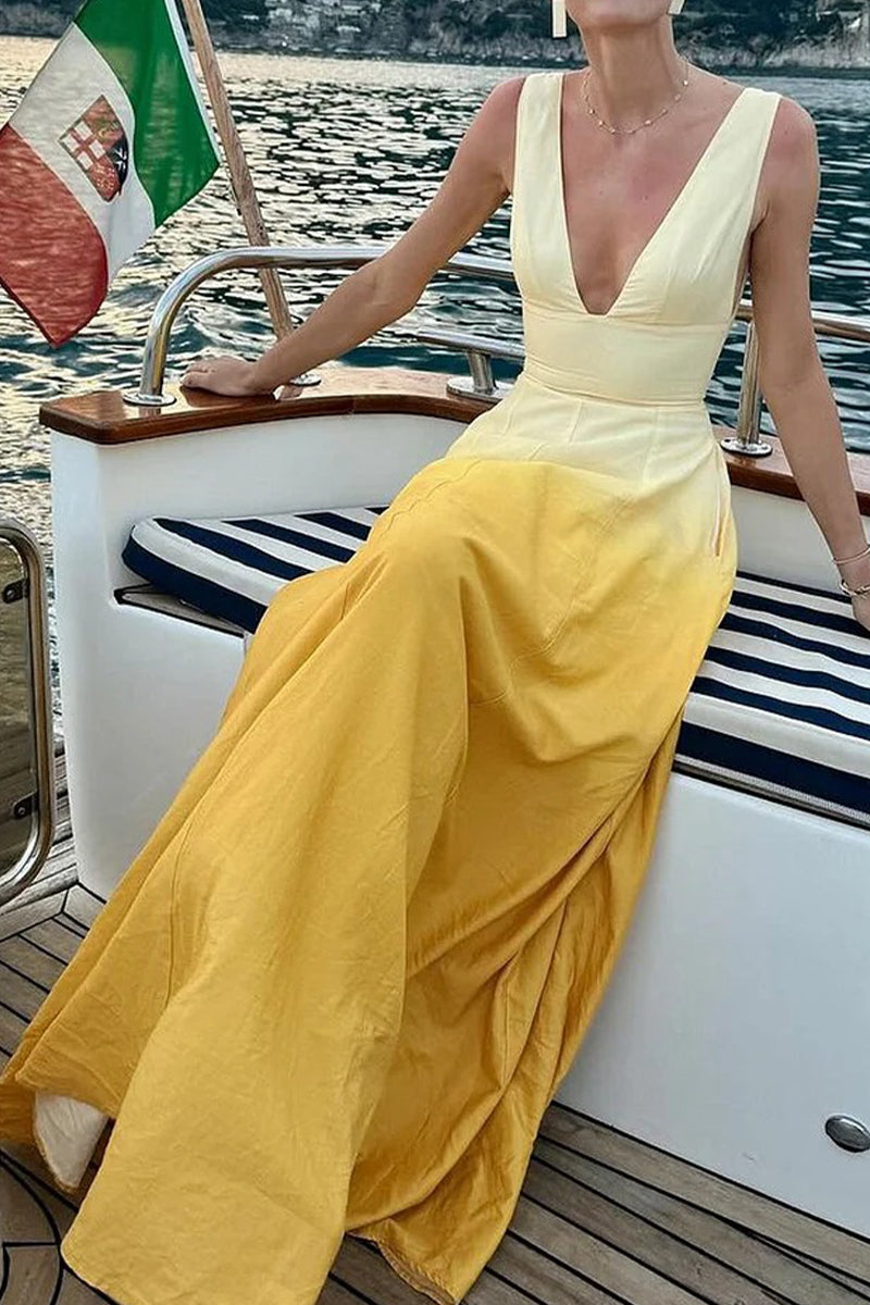 LP | Sexy long dresses with gradient color print and contrasting V-neckline