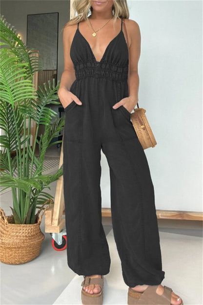 Sexy Casual Solid Color Patchwork Backless Spaghetti Strap Fitted Jumpsuits (5 colors)