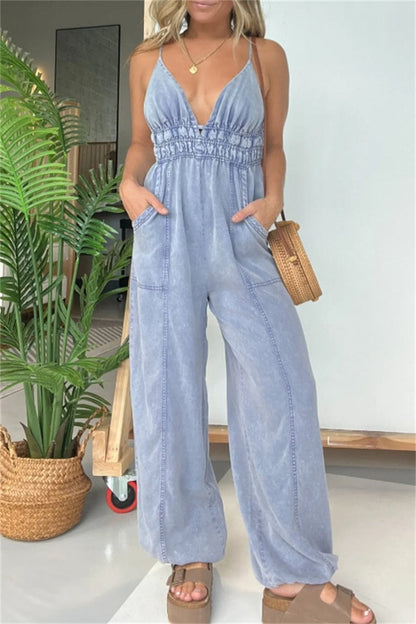 Sexy Casual Solid Color Patchwork Backless Spaghetti Strap Fitted Jumpsuits (5 colors)