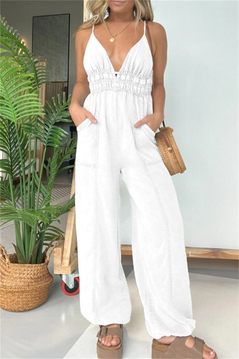 Sexy Casual Solid Color Patchwork Backless Spaghetti Strap Fitted Jumpsuits (5 colors)