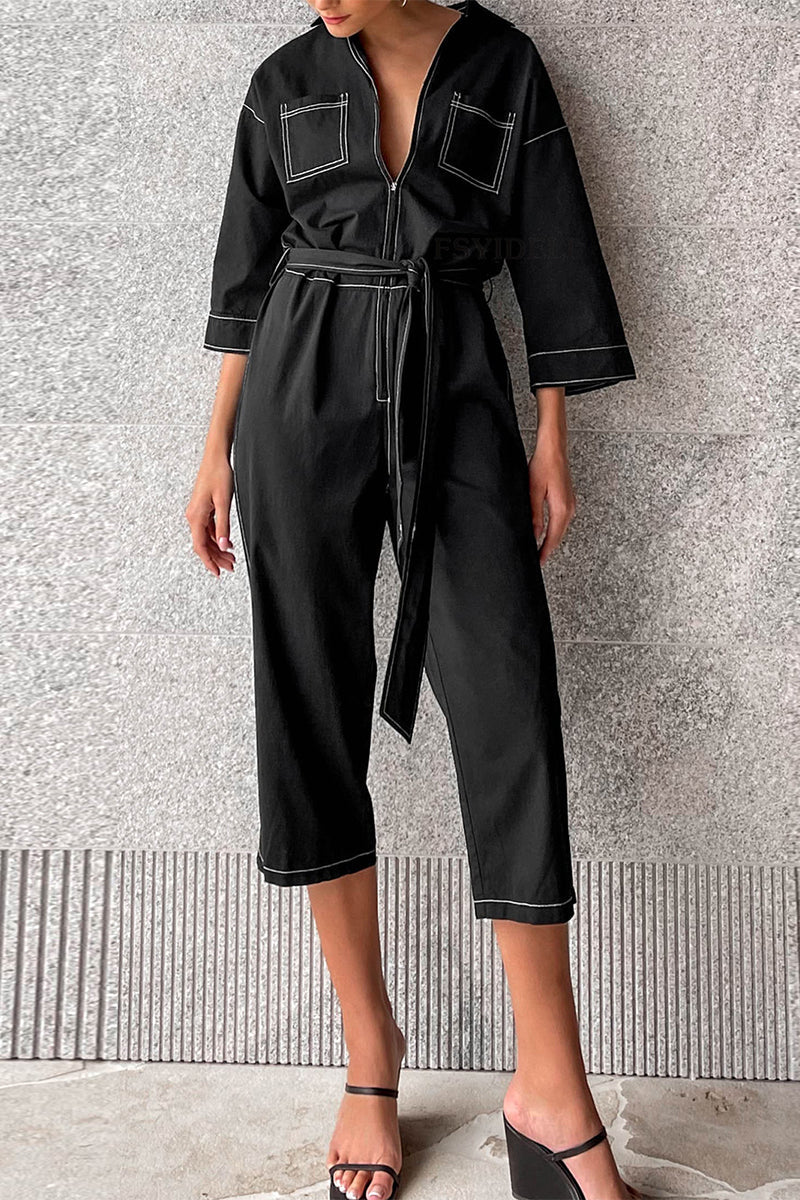 Casual Solid Color Lace Up Patchwork Turn Down Collar Loose Jumpsuits