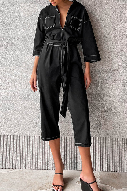 Casual Solid Color Lace Up Patchwork Turn Down Collar Loose Jumpsuits