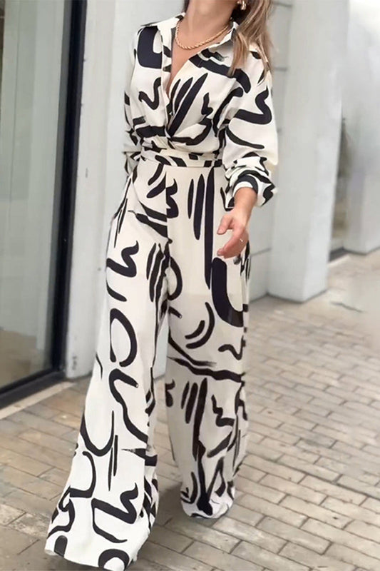 Casual Street Geometric Print Lace Up Turn Down Collar Los Jumpsuits