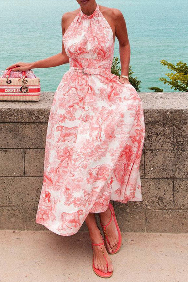 LP | Sexy A-line adjustable backless halterneck dresses with floral print and pocket