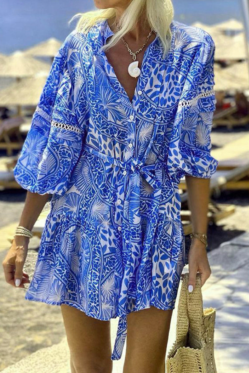 LP | Casual vacation dresses with lace, floral print, mandarin collar and waist skirt