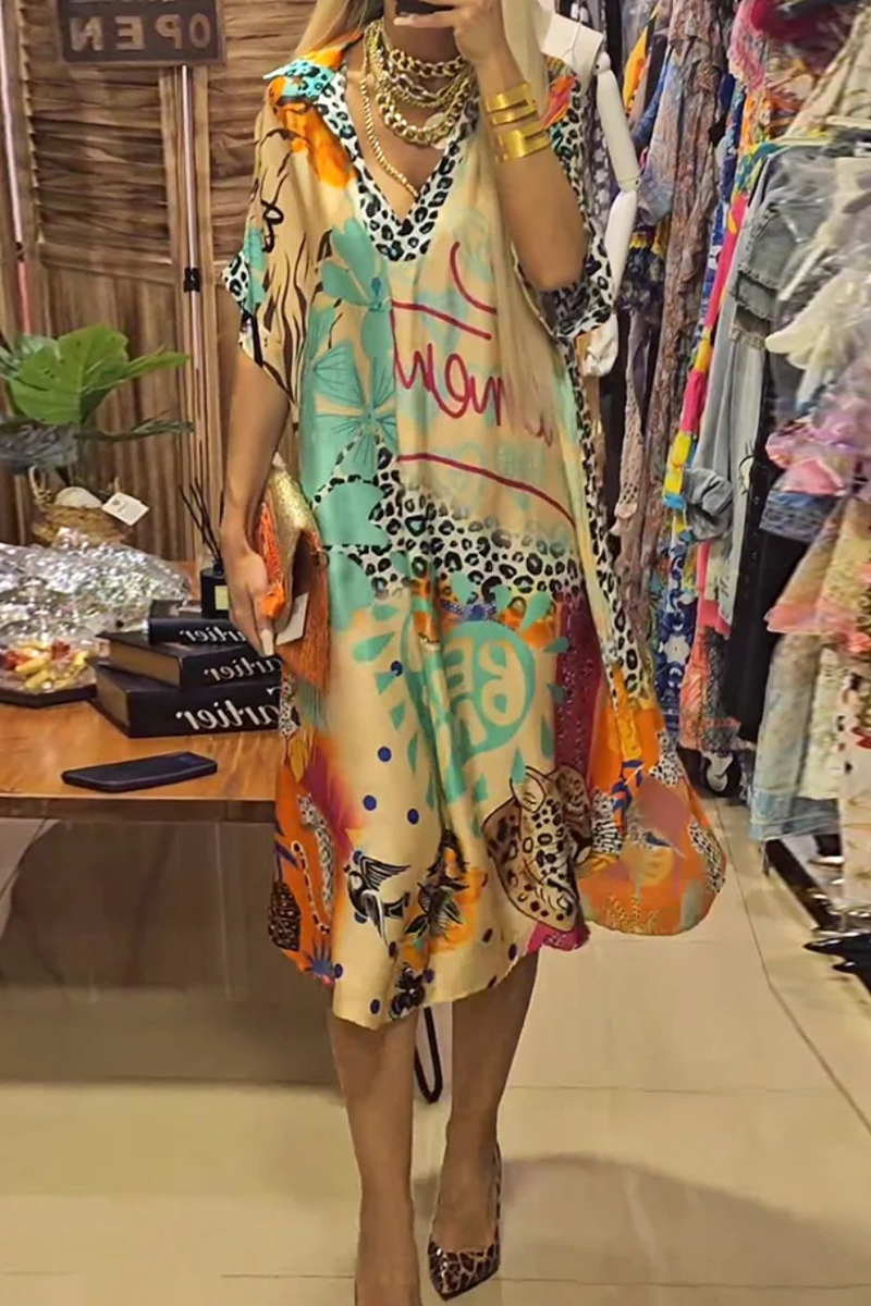 LP | Irregular leopard casual street letters with v-neck and short sleeve dress (3 colors)