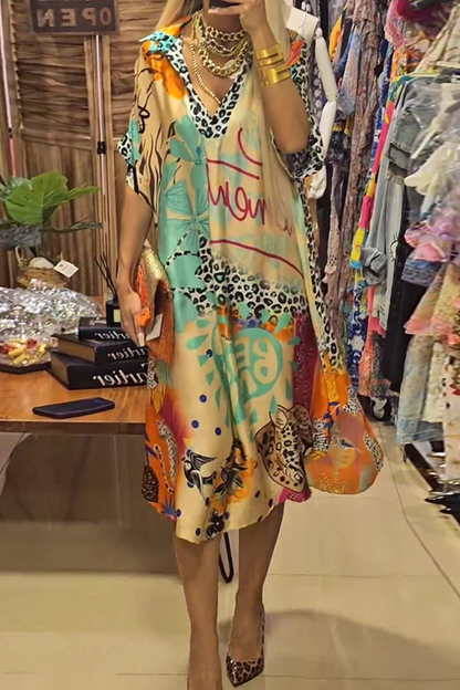 LP | Irregular leopard casual street letters with v-neck and short sleeve dress (3 colors)