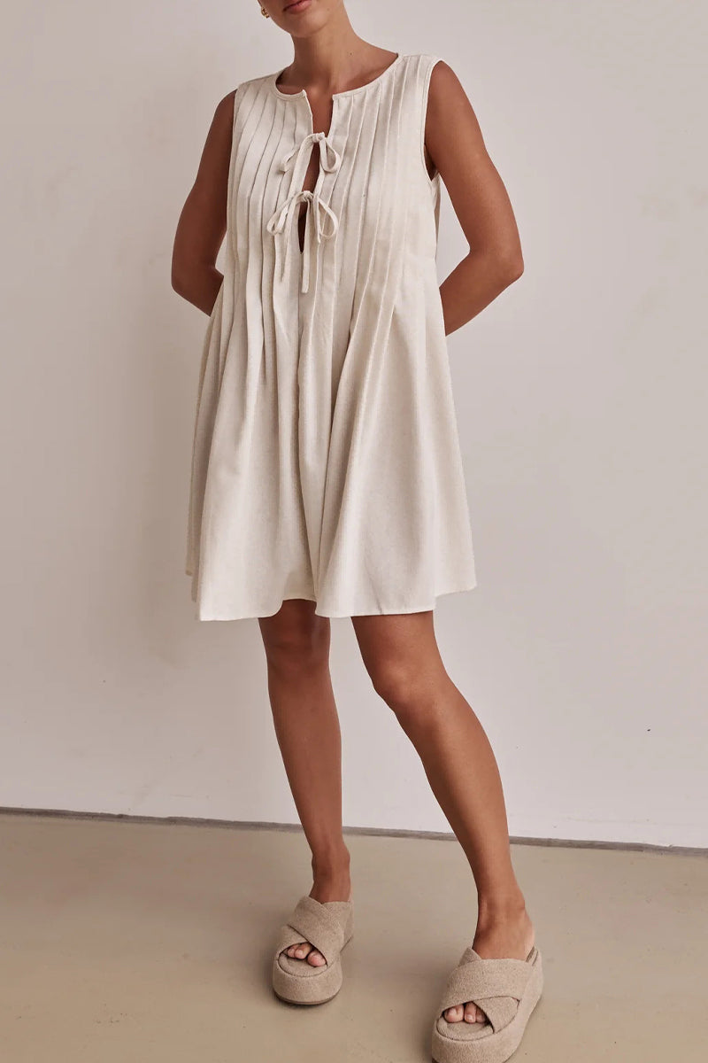 LP | Everyday casual dresses with pleated O-neckline and lacing (4 colors)