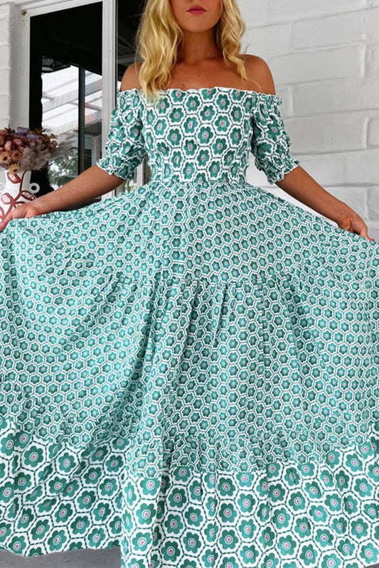 LP | Casual off-shoulder dress with short sleeves, geometric print and contrasting colors