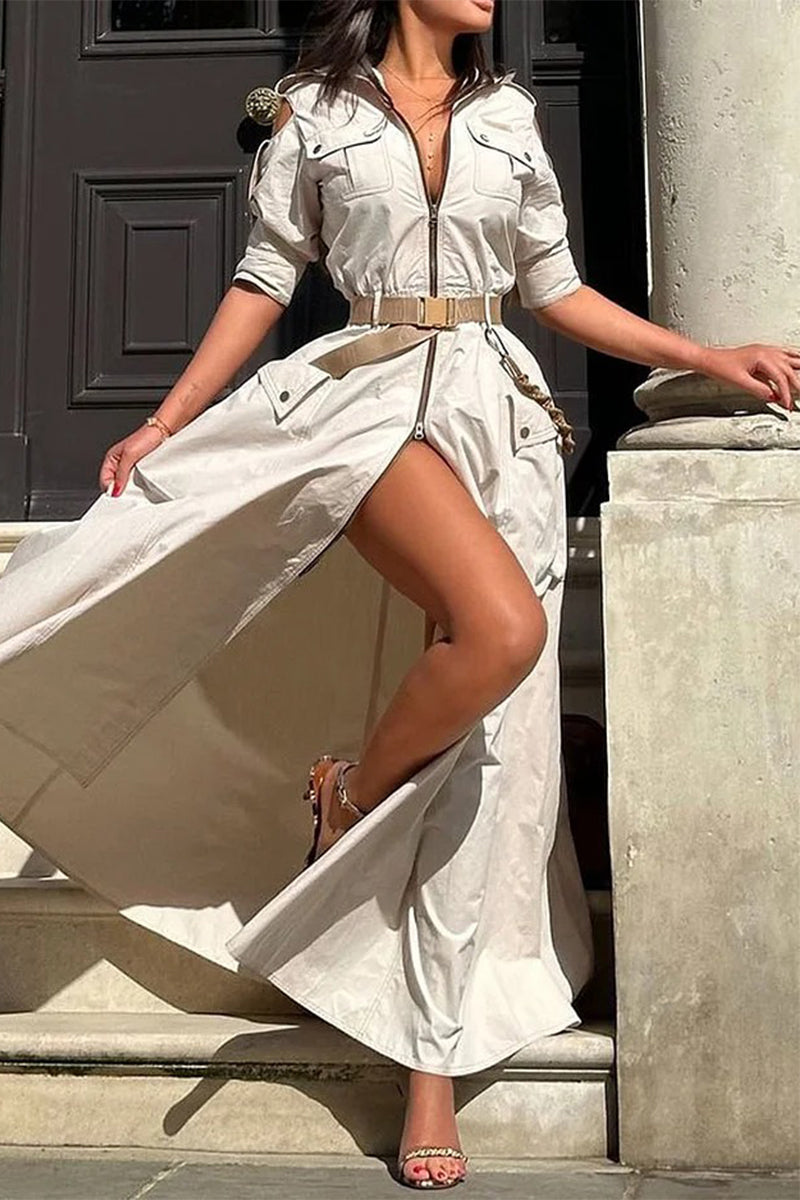 LP | Casual patchwork with belt, zipper, wrap neck, long dresses