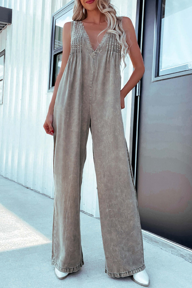 Casual Damaged Pocket Adjustable V Neck Loose Jumpsuits