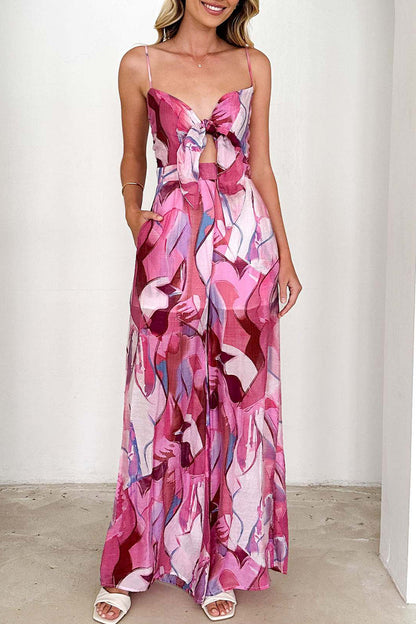 Casual Floral Pocket Contrast V-Neck Loose Jumpsuits