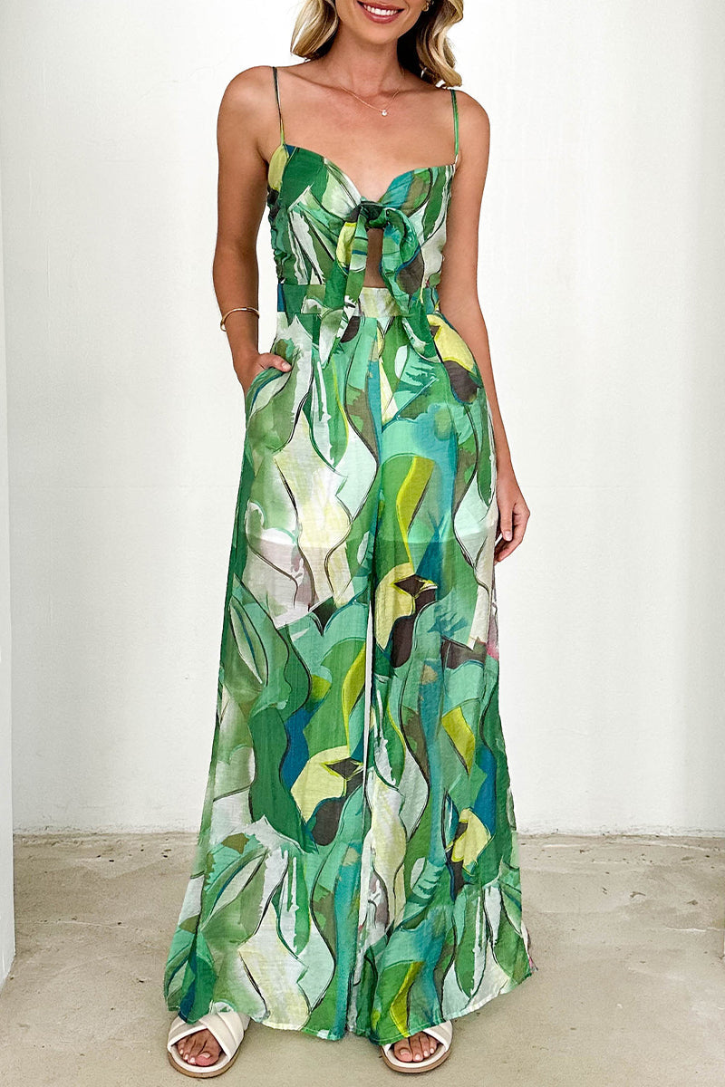 Casual Floral Pocket Contrast V-Neck Loose Jumpsuits