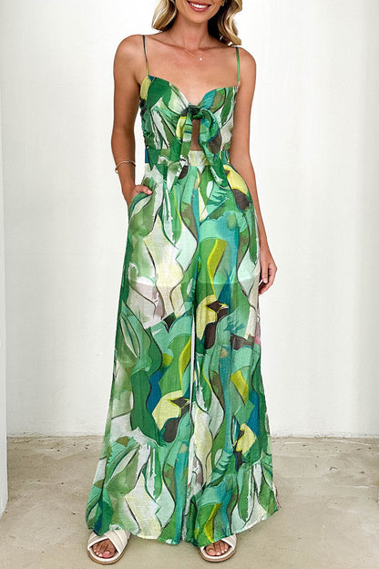 Casual Floral Pocket Contrast V-Neck Loose Jumpsuits