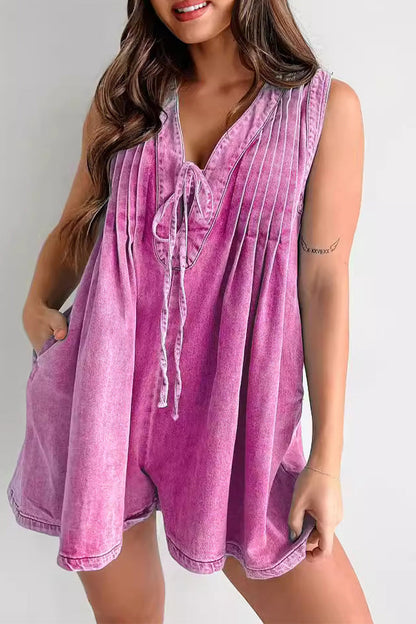 Casual Street Solid Colour Pocket Lace Up V Neck Sleeveless Loose Denim Jumpsuits