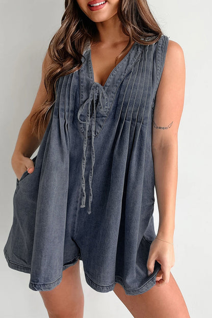 Casual Street Solid Colour Pocket Lace Up V Neck Sleeveless Loose Denim Jumpsuits