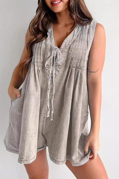 Casual Street Solid Colour Pocket Lace Up V Neck Sleeveless Loose Denim Jumpsuits