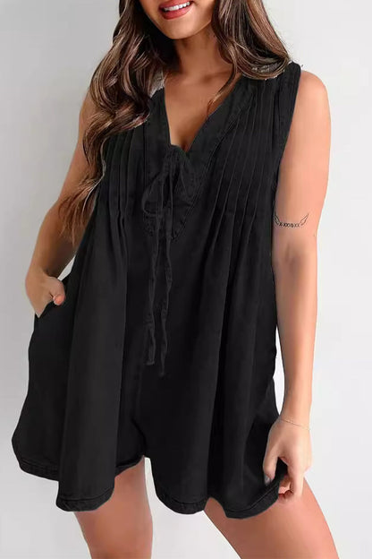 Casual Street Solid Colour Pocket Lace Up V Neck Sleeveless Loose Denim Jumpsuits