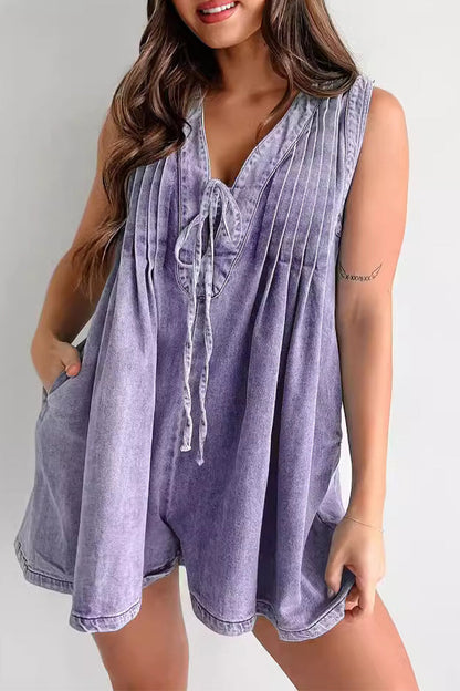 Casual Street Solid Colour Pocket Lace Up V Neck Sleeveless Loose Denim Jumpsuits