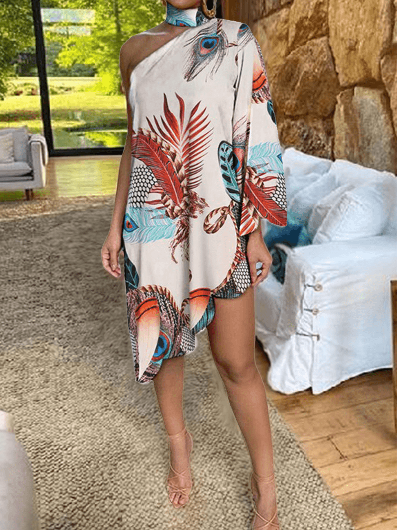 LP | Women's one-shoulder dress with tribal print: eye-catching design with irregular hemline