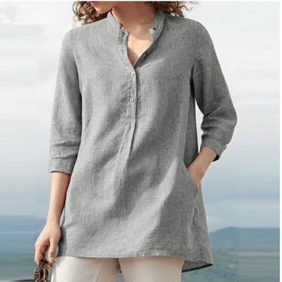 LP | Plain-colored shirt with three-quarter sleeves and high collar in cotton and linen