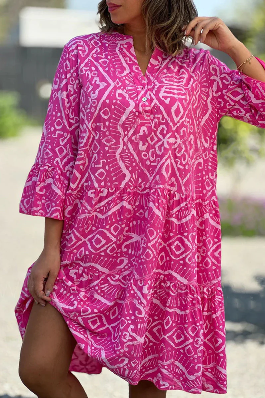 LP | Eliana - Casual dresses with pretty geometric print and buttons, V-neck and pie skirt