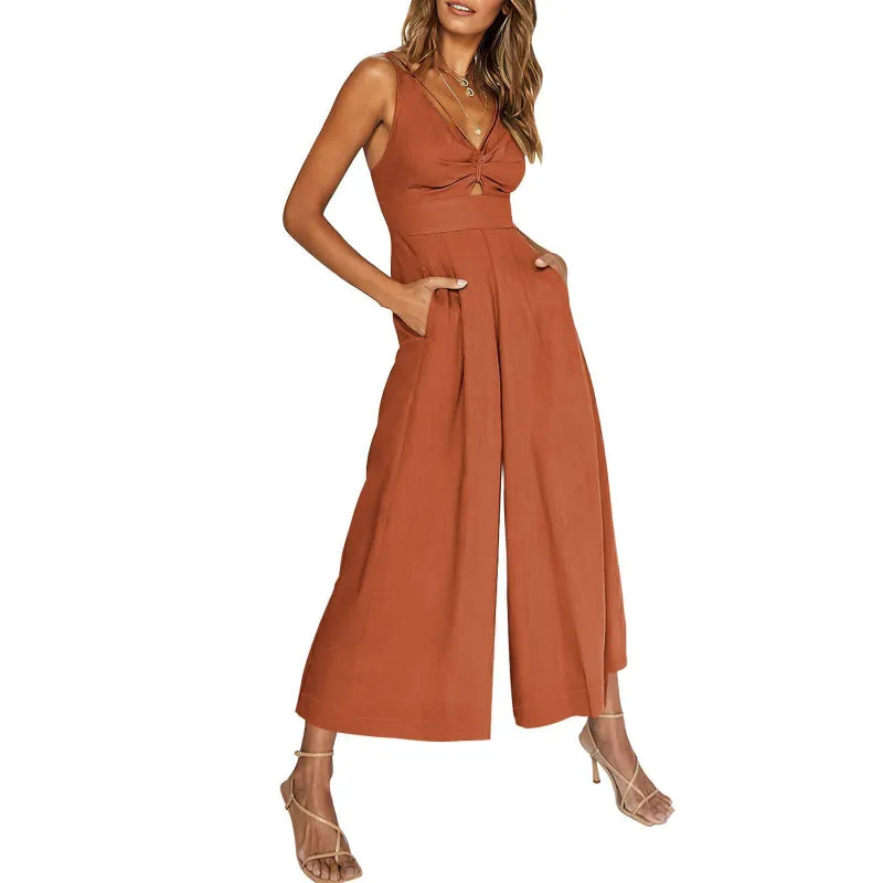 LD 2024 new jumpsuits with V-neck and wide legs