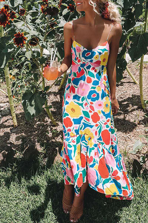 LD : Dress with narrow straps, floral print and V-neckline