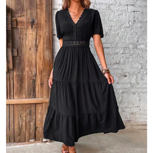 LD Long openwork dress with V-neck and short sleeves