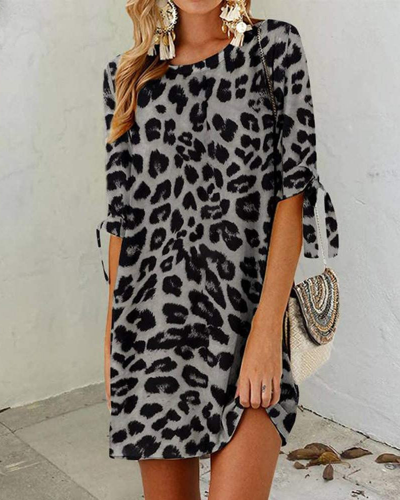 Leopard print ladies dress with round neckline