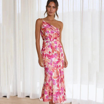 Asymmetrical long dress with floral print for special occasions