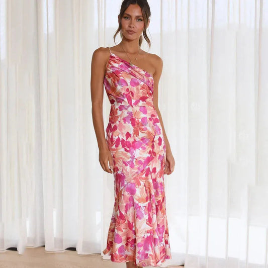 Asymmetrical long dress with floral print for special occasions