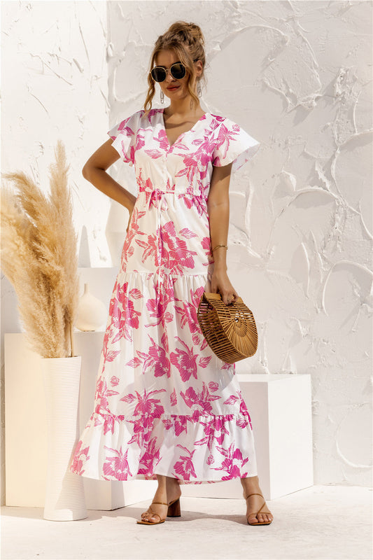 Floral print button and lace long dress with V-neck and short sleeves spring summer