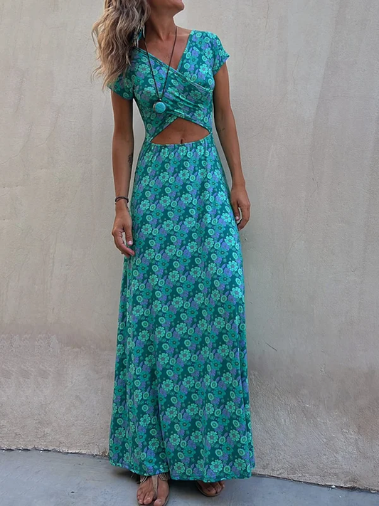 Short-Sleeved Stretch Floral Print Hollow Reversible U-Neck Maxi Dresses