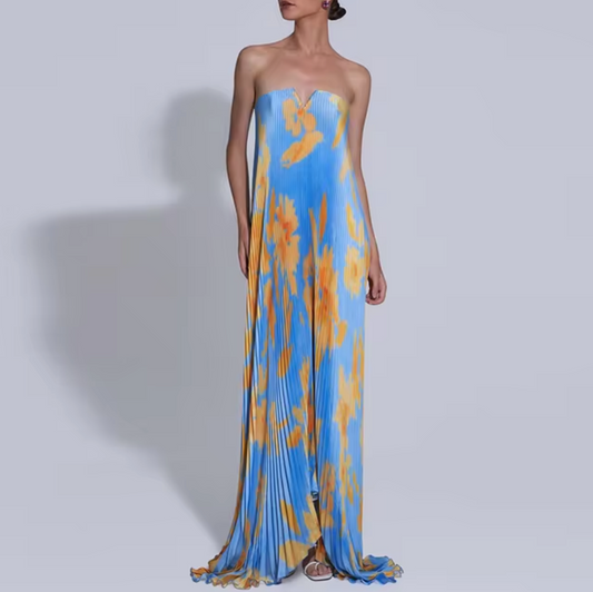 LP | Long wrap dress with floral pattern and pleats