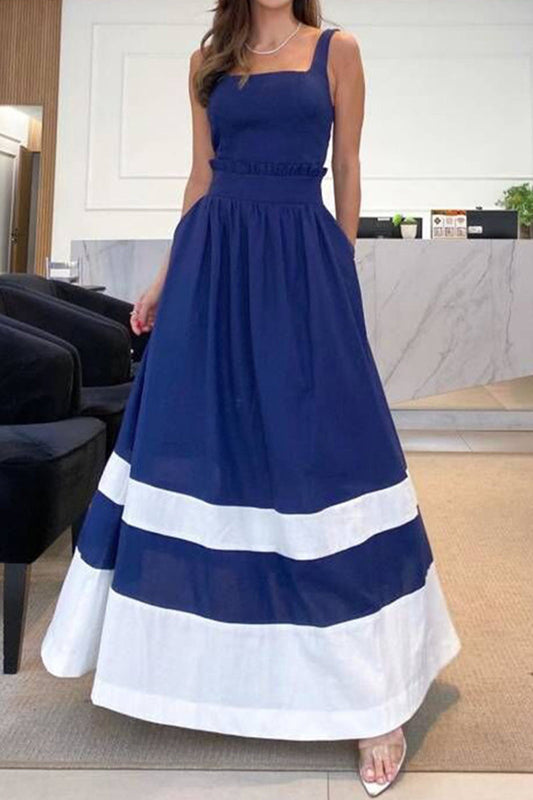 Striped patchwork casual dresses with straps and square neckline