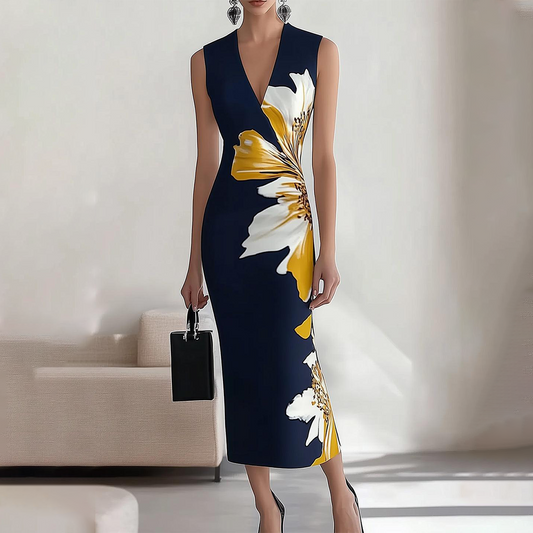 Sleeveless long dress with elegant floral print, ideal for special occasions