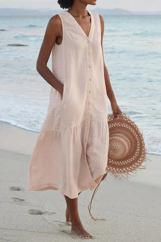 LD Long sleeveless dress with V-neckline and buttons