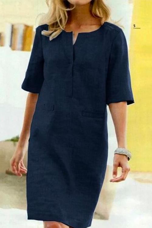 Kathy straight dress of linen and cotton with half-sleeves