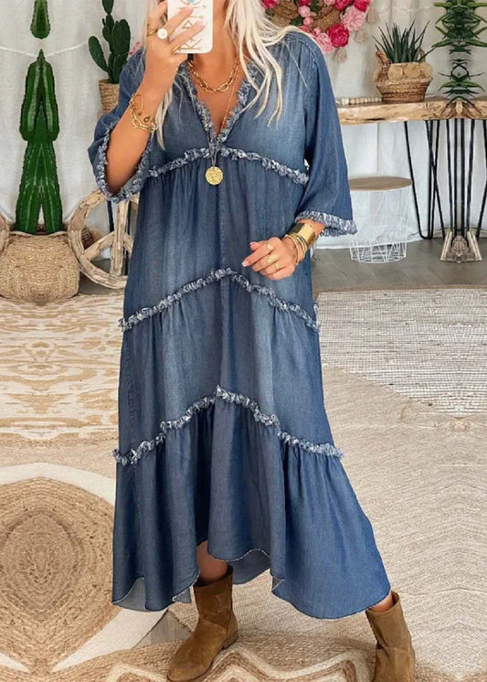LP | Chic navy blue Patchwork denim v-neck with tassels Long dress with half sleeves