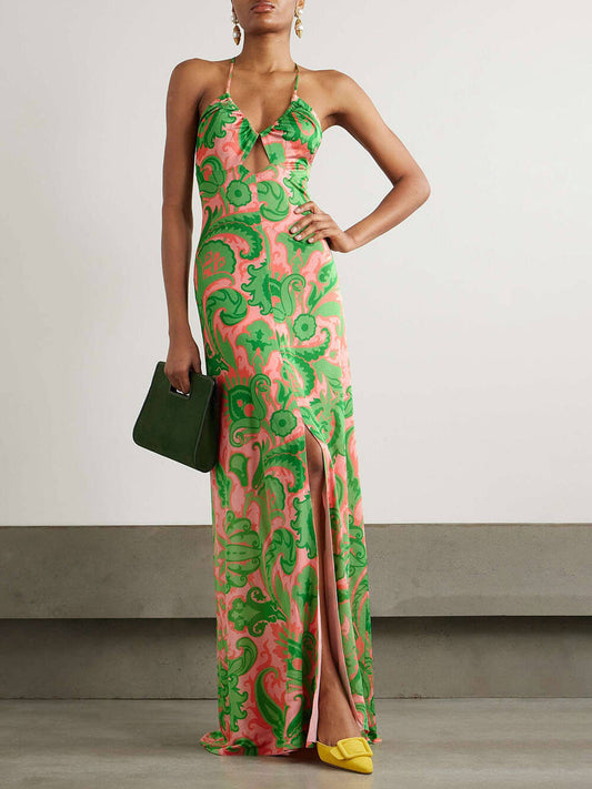 Long printed women's dress with fashionable slits for summer