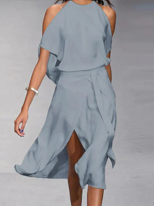 LD | Asymmetrical midi dress with bare shoulders and elegant movement