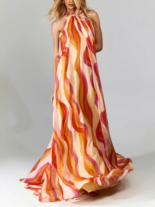 LD Long dress with braided halterneck and ruffles for special occasions