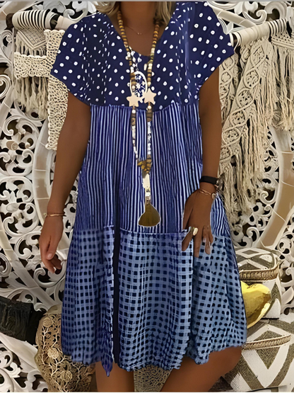 LP | Contrast printed short-sleeved dress with round neckline