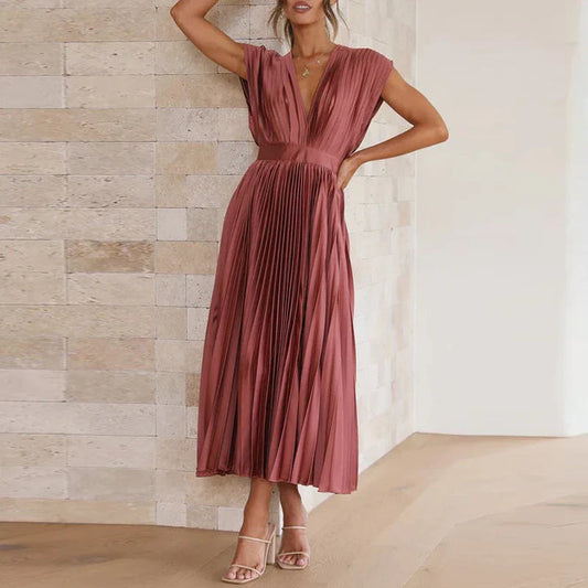 Pleated midi dress with V-neck and elegant short sleeves