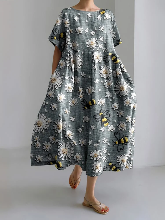 casual women's dress with bee print and floral lace