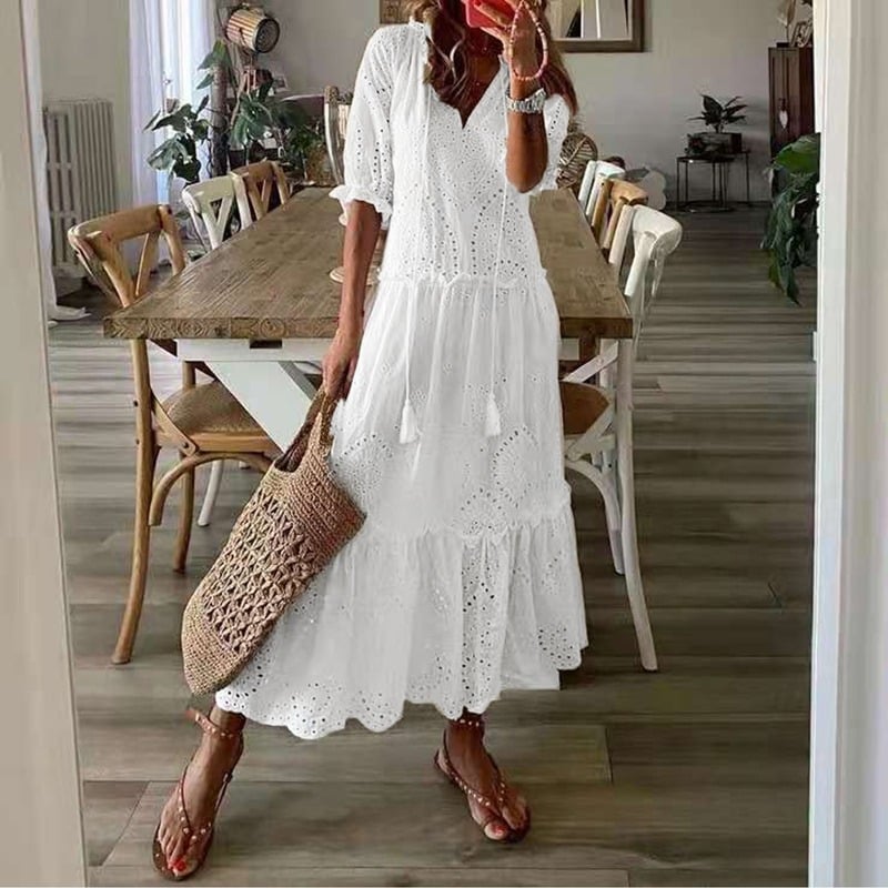 LP | Vestido largo Bohemio chic de Encaje en Blanco con Volantes